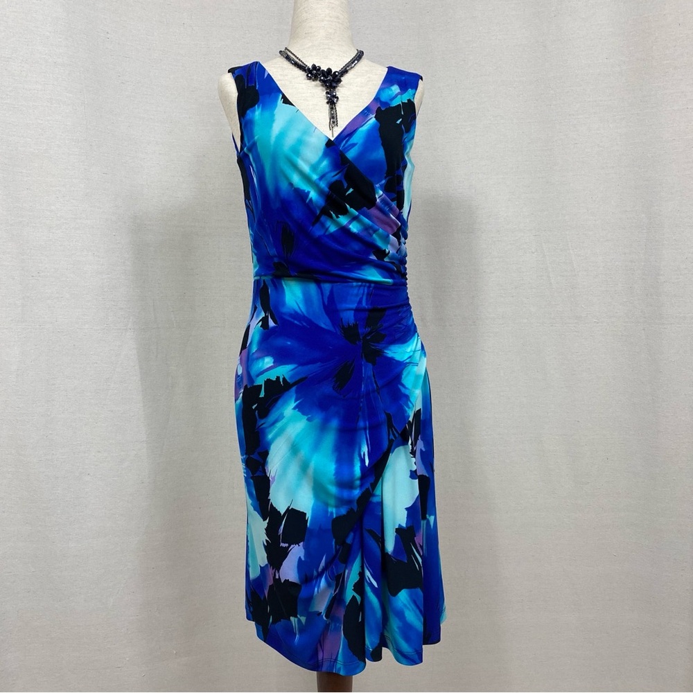 Sleeveless Blue and Black V-Neck Midi Dress